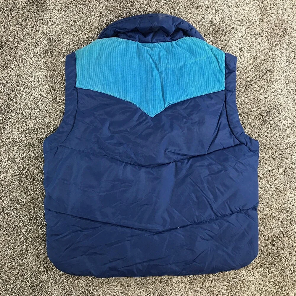 Vintage Ski Daddle Vest Mens Large Blue Corduroy Down Puffer Western Snap Front